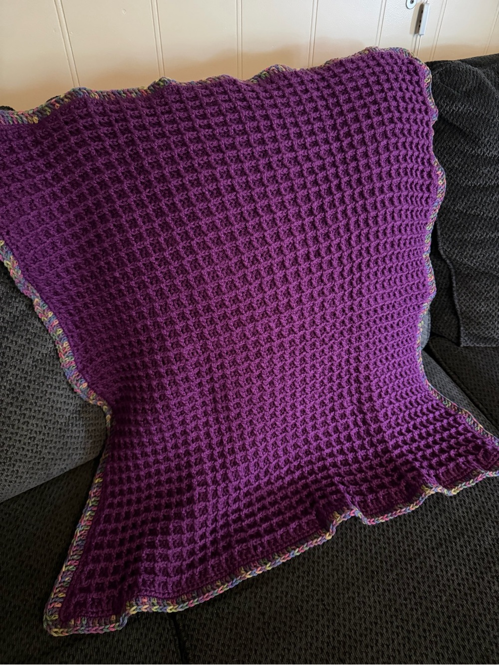 Handmade Purple Crochet Throw with Multicolor Trim